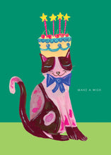 Load image into Gallery viewer, Cat with Cake Hat Birthday Greetings Card