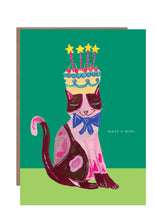 Load image into Gallery viewer, Cat with Cake Hat Birthday Greetings Card