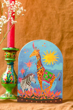 Load image into Gallery viewer, Dancing Giraffe and Zebra Bell Jar Blank Greetings Card