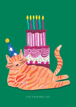 Load image into Gallery viewer, Party Cat and Huge Cake Greetings Card