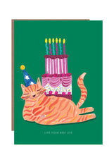 Load image into Gallery viewer, Party Cat and Huge Cake Greetings Card