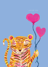 Load image into Gallery viewer, Tiger with heart balloons Greetings Card