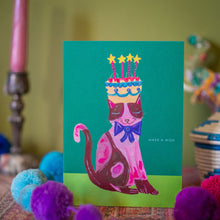 Load image into Gallery viewer, Cat with Cake Hat Birthday Greetings Card
