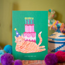Load image into Gallery viewer, Party Cat and Huge Cake Greetings Card
