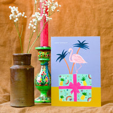Load image into Gallery viewer, Flamingo on Decorative Present Birthday Card