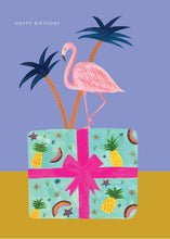 Load image into Gallery viewer, Flamingo on Decorative Present Birthday Card
