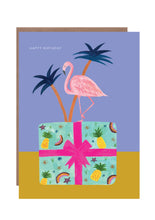 Load image into Gallery viewer, Flamingo on Decorative Present Birthday Card
