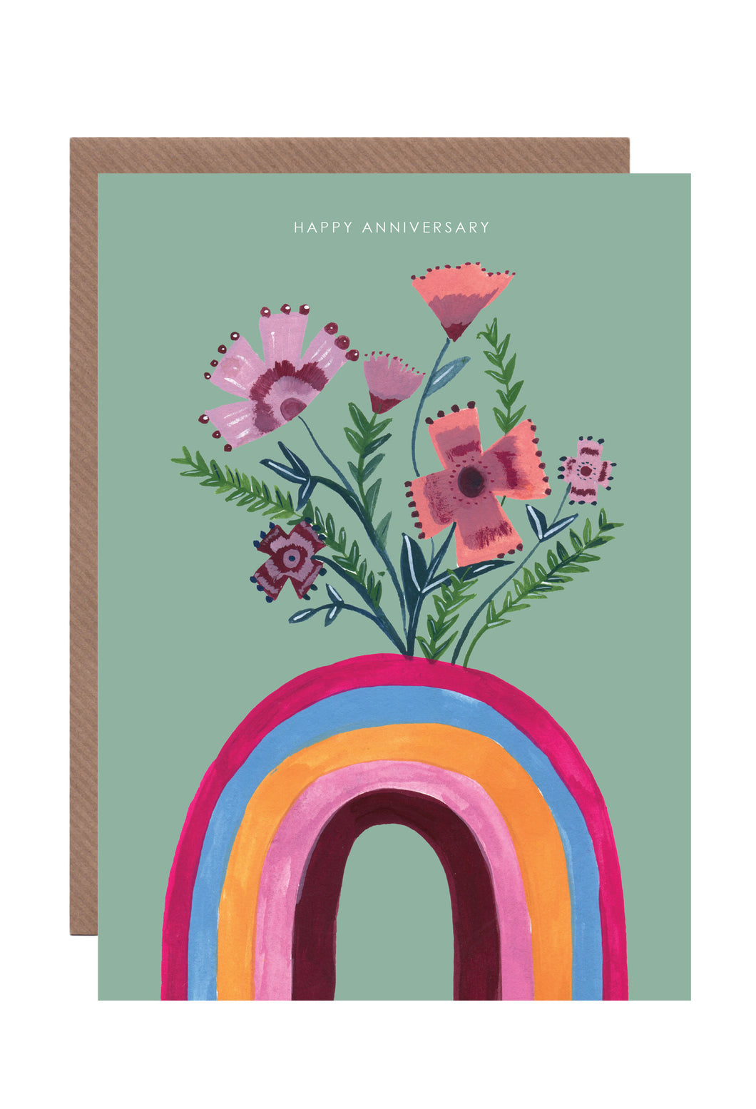 Rainbow and Pretty Flowers Anniversary Greetings Card