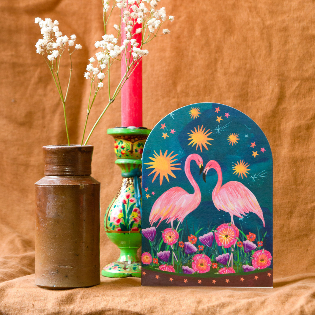 Sunset Flamingo Bell Jar Blank Greetings Card