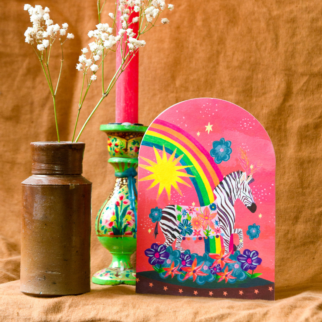 Zebra and Rainbow Bell Jar Blank Greetings Card