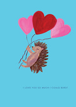 Load image into Gallery viewer, Hedgehog Heart with Balloons Greetings Card
