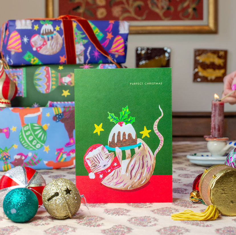 'Cat and Christmas Pudding ' Christmas Greetings Card