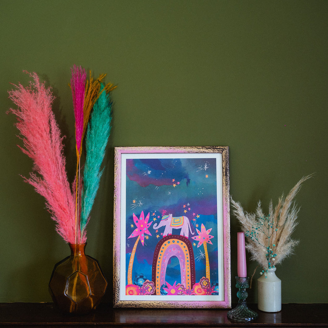 Magical Elephant On Rainbow A3 Print