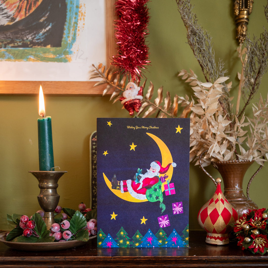 Santa on Moon Christmas Card