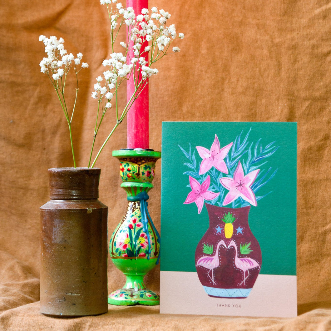 Flamingo Plant Pot Thank you Greetings Card