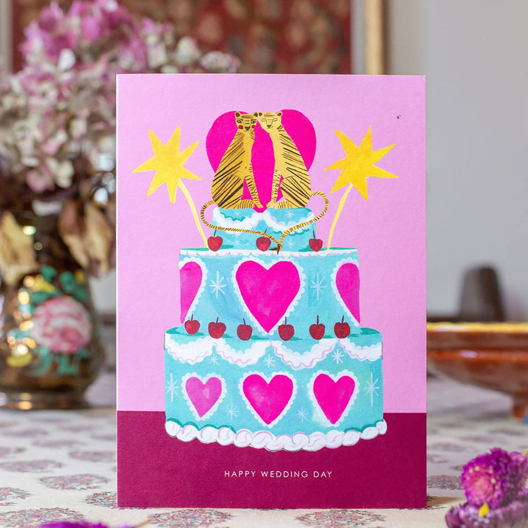 Tiger and Heart Wedding Cake Greetings Card