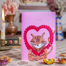 Load image into Gallery viewer, Valentines Day Card with a tiger illustration inside a heart on a pink background
