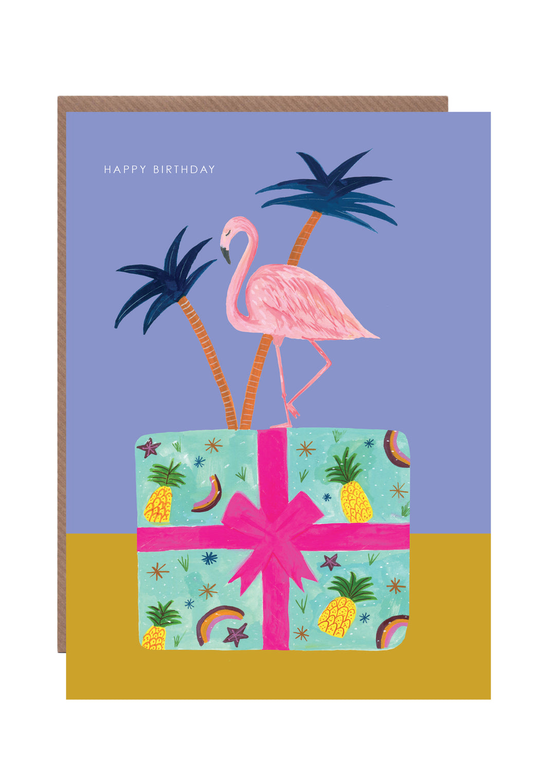 Flamingo On Present birthday card