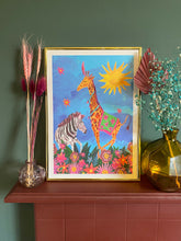 Load image into Gallery viewer, Dancing Giraffe and Zebra A3  Art Print
