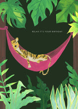 Load image into Gallery viewer, Tiger In Hammock birthday card
