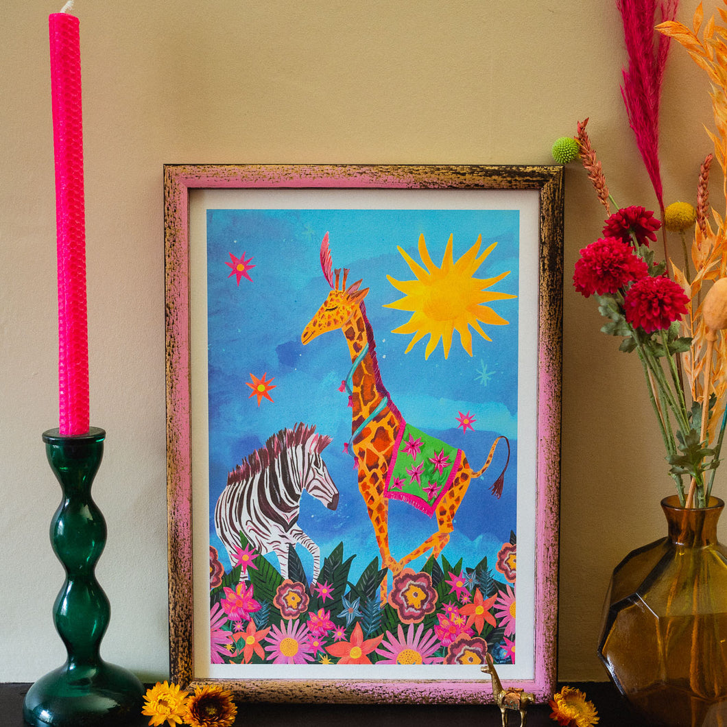 Dancing Giraffe and Zebra A3  Art Print