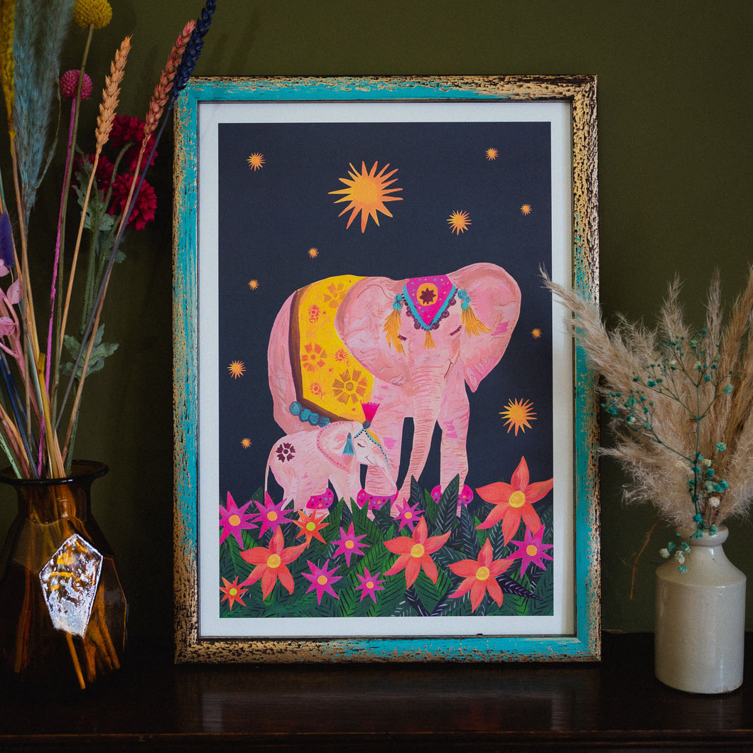 Decorative Elephants Mother and Child A3 Art Print