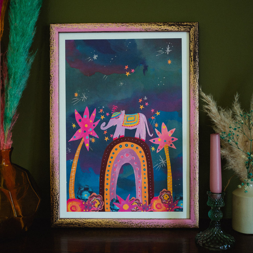 Magical Elephant On Rainbow A3 Print