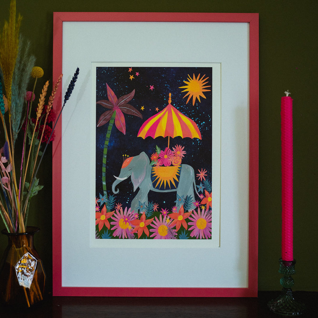 Elephant Midnight in Bloom A3 Art Print