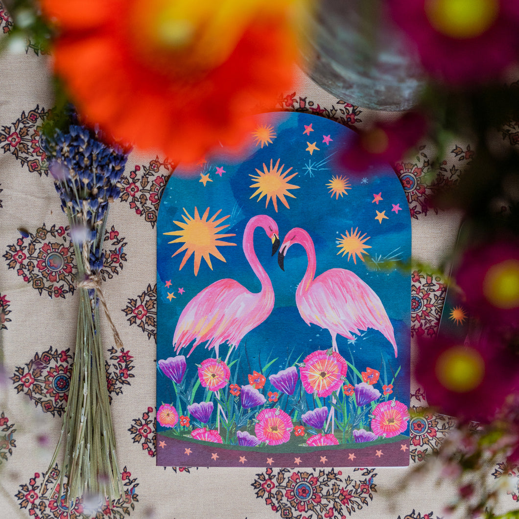 Sunset Flamingo Bell Jar greetings card