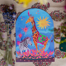 Load image into Gallery viewer, Dancing Giraffe and Zebra Bell Jar Blank Greetings Card
