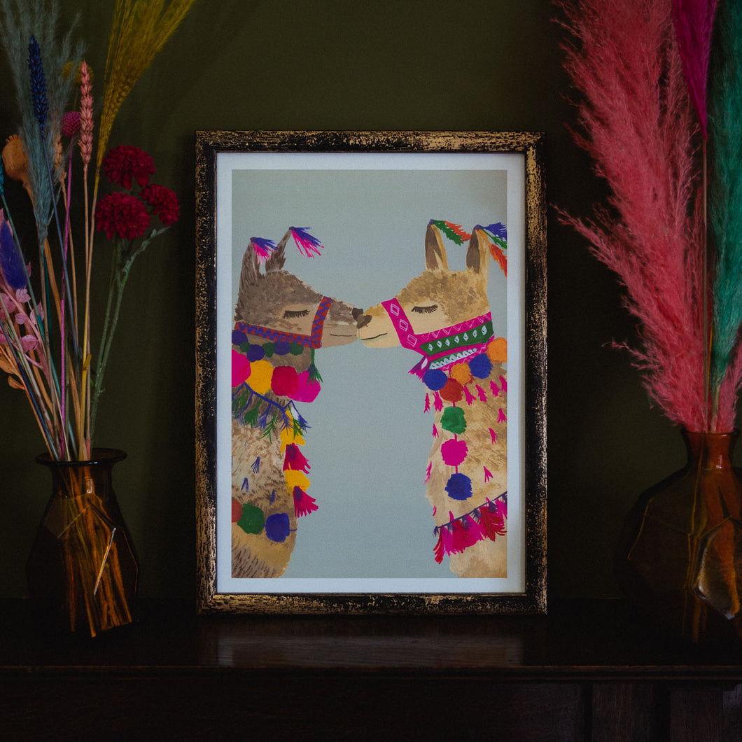 Decorative Llamas In Love A3 Print