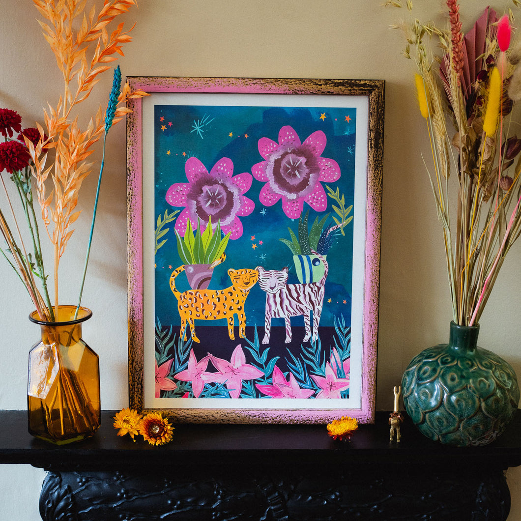 Wild Tigers And The Pretty Blooms A3 Art Print